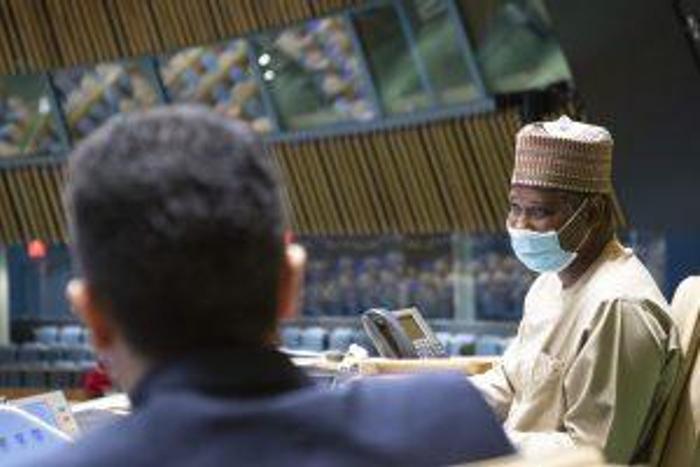 President of the UN General Assembly and Presiding Officer, Amb. Tijani Muhammad-Bande (right), with the Under-Secretary-General for General Assembly and Conference Management, Movses Abelian, during the election held at the UN headquarters in New York...