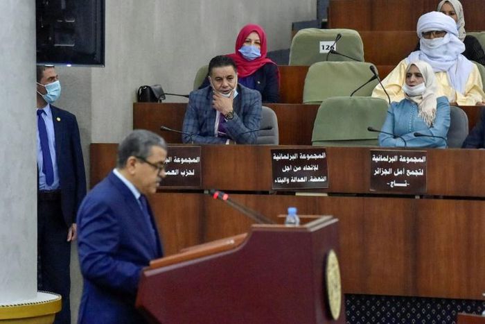 Algerian Prime Minister Abdelaziz Djerad addresses parliament members during a voting session on constitutional reforms in the capital Algiers, on September 10, 2020