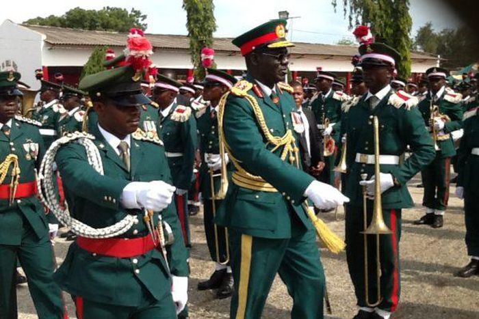 Chief of Army Sstaff, Lt-Gen. Tukur Buatai (R) inspecting parade during the Passing Out Parade of recruits at the Depot Nigerian Army (NAN)