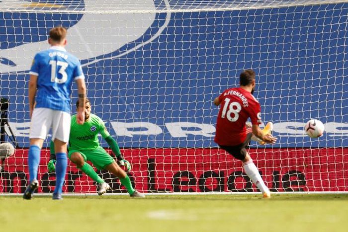 Spot on: Bruno Fernandes scored in the 100th minute to hand Manchester United an undeserved 3-2 win at Brighton