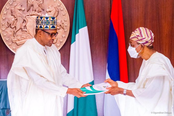 Minister of Interior and Chairman of the Presidential Committee, Ogbeni Rauf Aregbesola presenting the committee's report to President Muhammadu Buhari. [Twitter/@raufaregbesola]
