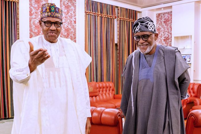 Ondo state governor, Rotimi Akeredolu meets President Muhammadu Buhari at Aso Rock. [Twitter/BashirAhmaad]