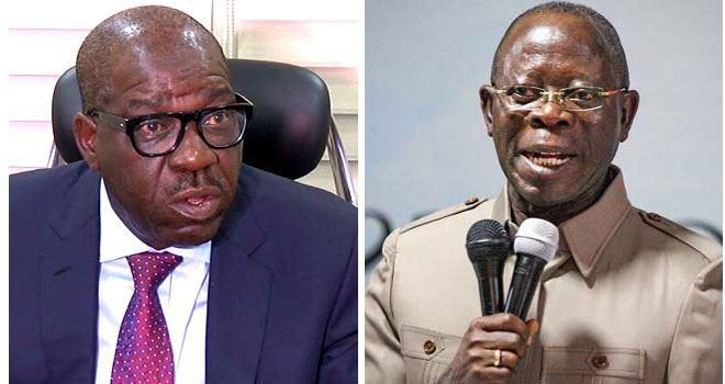 Governor Godwin Obaseki of Edo State and his predecessor, Adam Oshiomhole, who is now the National Chairman of the ruling All Progressives Congress, (ChannelsTV)