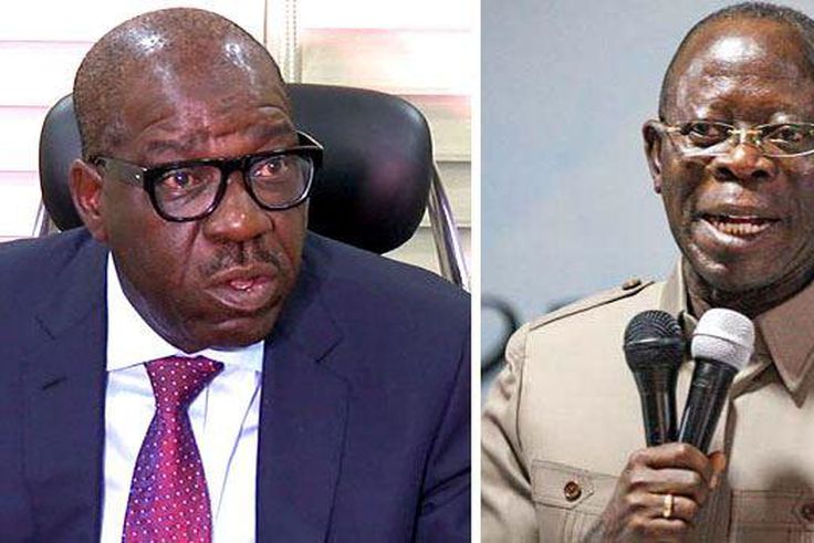 Governor Godwin Obaseki of Edo State and his predecessor, Adam Oshiomhole, who is now the National Chairman of the ruling All Progressives Congress, (ChannelsTV)