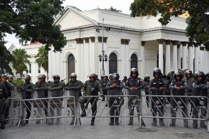 Security forces in January 2020 stand outside Venezuela's National Assembly, the only institution in the country led by the opposition but which has been rendered powerless