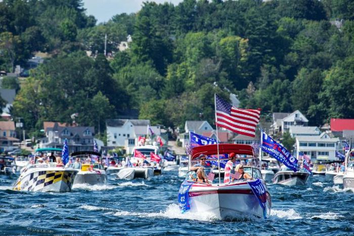 Hundreds of boaters parade on Lake Winnipesaukee to show their support for President Donald Trump, in Laconia, New Hampshire, on August 22, 2020