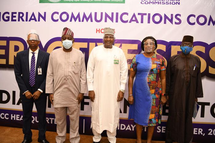 L-R: Dr. Ikechukwu Adinde, Director, Public Affairs, Nigerian Communications Commission (NCC); Adeleke Adewolu, Executive Commissioner, Stakeholder Management, NCC; Prof. Umar Danbatta, Executive Vice Chairman, NCC; Abigail Sholanke, Director, Projects...