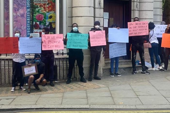 NDDC scholarship beneficiaries protested at the Nigerian High Commission in London on Monday, August 3, 2020 [Twitter/@OmoKakafiala]