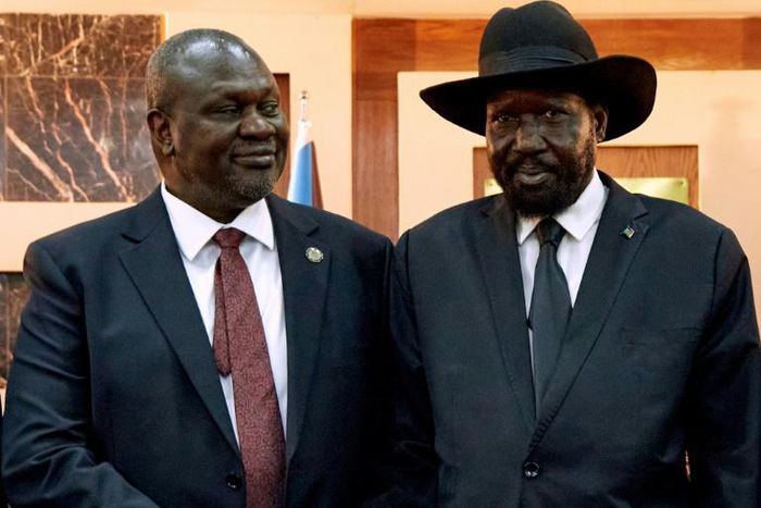 South Sudanese President Salva Kiir, right, pictured with Vice President Riek Machar at swearing-in ceremonies in February