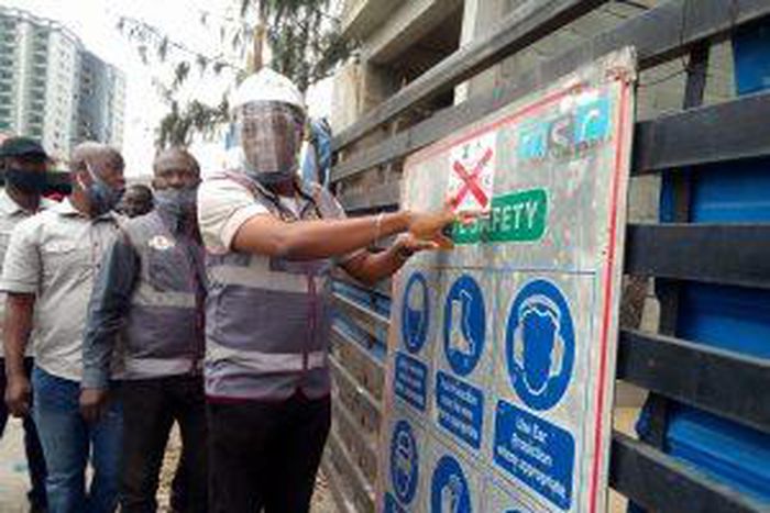 General Manager Lagos State Materials Testing Laboratory, Dr Afolabi Abiodun, during enforcement on non compliance to quality assurance in Lekki area of Lagos  on Thursday. [NAN]