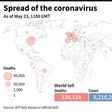 World map showing official number of coronavirus deaths per country, as of May 23 at 1100 GMT