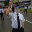 Airline workers join a protest in Panama against government measures to reopen the economy