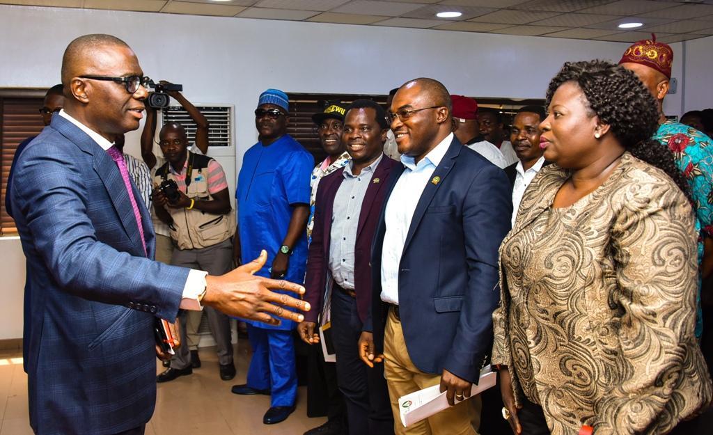 Lagos State Governor, Mr. Babajide Sanwo-Olu, Chairman of National Labour Congress, NLC Lagos Chapter, Comrade Funmi Sessi; State Chairman, Trade Union Congress, TUC, Comrade Gbenga Ekundayo and other leadership members during a meeting with the Govern...