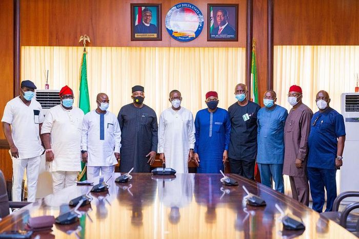 Gov Okowa of Delta receives members of the House of Reps in Asaba on October 28, 2020 (Delta State press House corps)