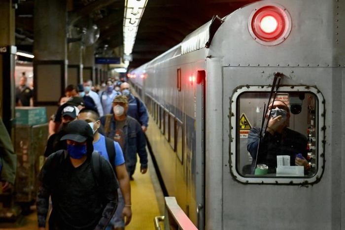Commuters arrive at Grand Central Station with Metro-North during morning rush hour on June 8, 2020 in New York City
