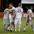 Philadelphia Union players celebrate a victory that clinched a berth in the knockout stage of the MLS is Back Tournament while the league can celebrate no new COVID-19 positives in Monday and Tuesday testing at the bubble in Orlando, Florida