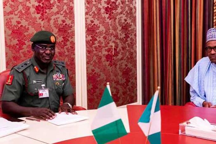 Buhari meets Chief of Army Staff, Lt Gen Buratai. [Naija News]