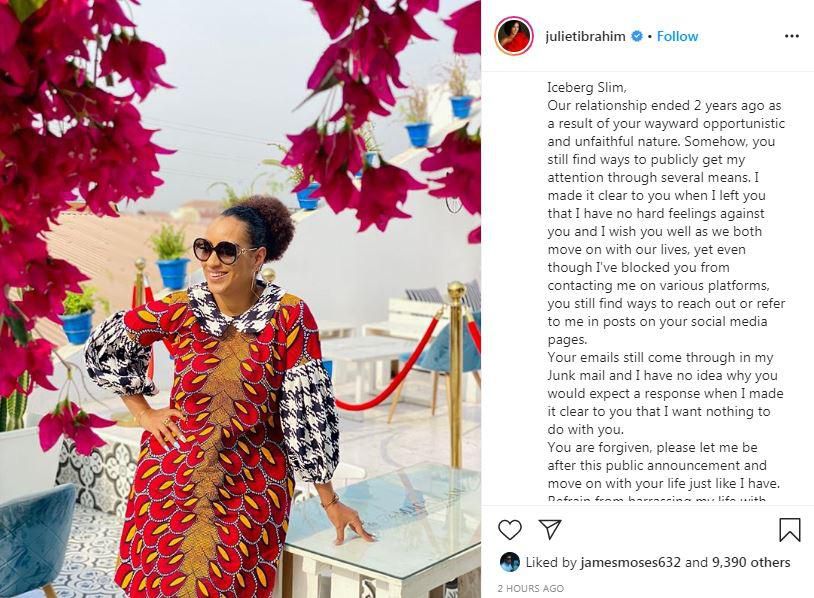 In a long post shared via her Instagram page on Thursday, April 23, 2020, the actress advised the rapper to stop bugging her with emails and employed him to move on with his life. [Instagram/JulietIbrahim]