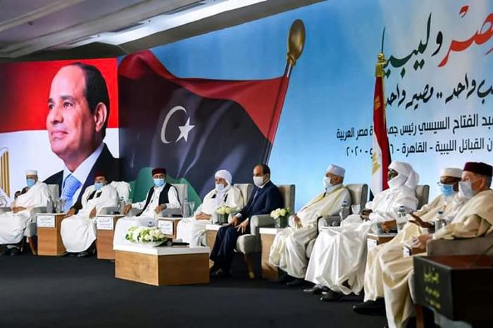 Egypt's President Abdel Fattah al-Sisi (C) met in mid-July with Libyan tribal leaders in the capital Cairo