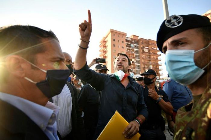 Salvini struggled to be heard over the heckling from the crowd
