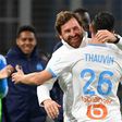 Marseille's Florian Thauvin celebrates his opener with coach Andre Villas-Boas