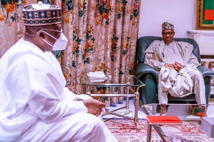 President Muhammadu Buhari meets Senate President, Ahmed Lawan at the Aso Villa. [Twitter/@BashirAhmaad]
