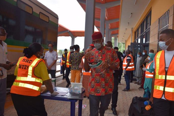 Minister of Transportation, Rotimi Amaechi at the test-run event of the Itakpe-Warri rail project. [Twitter/@ChibuikeAmaechi]