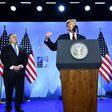 US President Donald Trump is accompanied by US Secretary of State Mike Pompeo (left) and then national security advisor John Bolton (right) at a July 2018 press conference at the NATO headquarters in Brussels