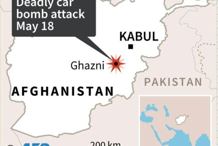Map of Afghanistan locating car bomb attack in Ghazni on Monday.