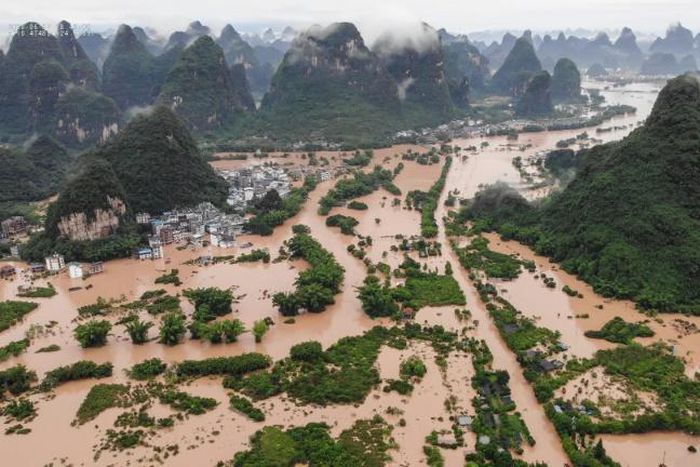 Heavy rain caused flooding in the popular tourist destination of Yangshuo