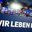 (From left) Schalke board member Alexander Jobst, head coach David Wagner and sports director Jochen Schneider in Wednesday's press conference.