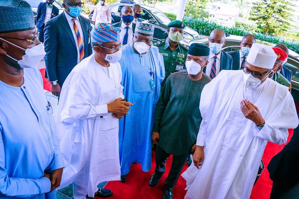 President Muhammadu Buhari; Vice President Yemi Osinbajo; Senate President, Ahmad Lawan; Speaker of the House of Representatives, Femi Gbajabiamila Femi and SGF Boss Mustapha at the 2-day Joint Executive-Legislative Leadership Retreat at the State Hous...