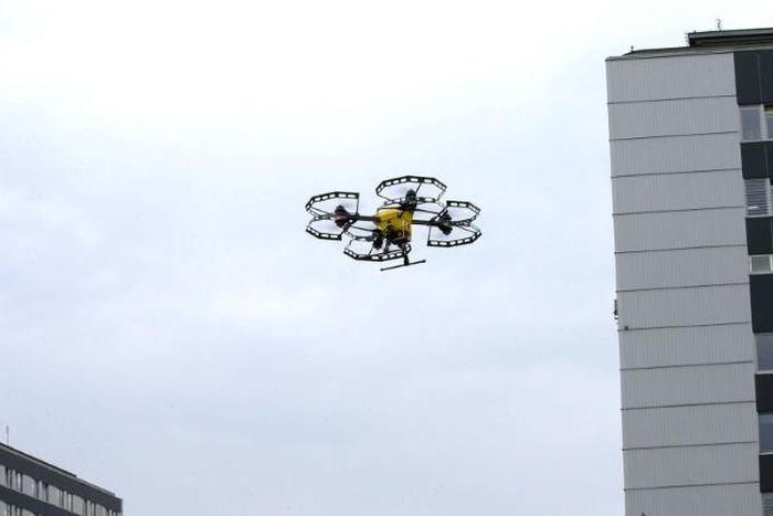 A P-art Studio picture shows a Hermes V8MT medical drone made by Spartaqs transporting coronavirus tests between two Warsaw hospitals