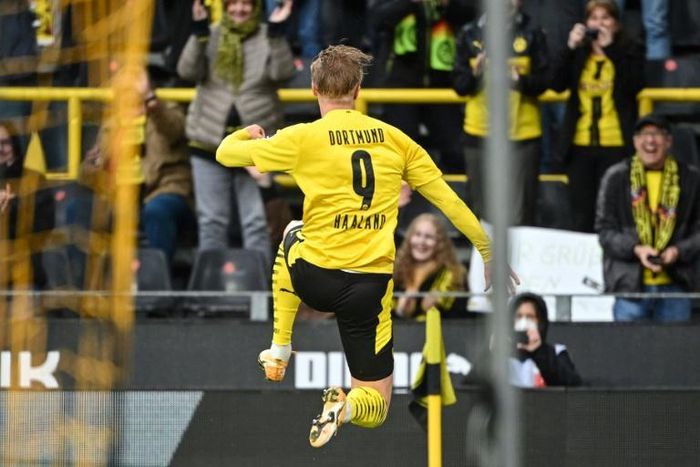 Erling Braut Haaland celebrates scoring for Dortmund at home to Freiburg