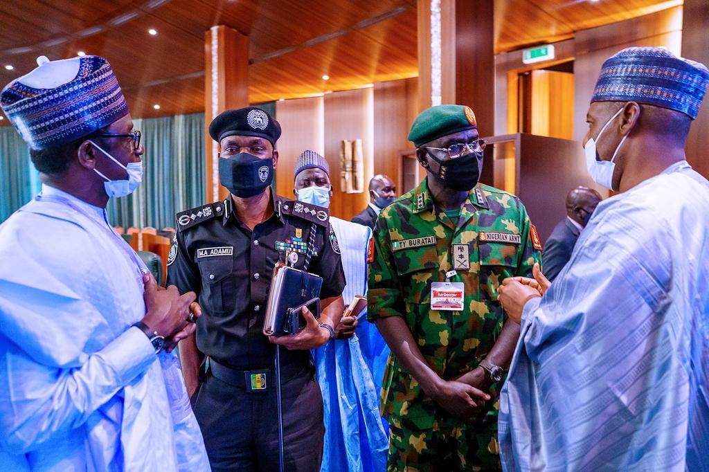 President Muhammadu Buhari meets with North East governors and Security Chiefs  behind closed doors on Monday. [Twitter/@BashirAhmaad]