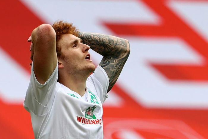 Bremen's US forward Joshua Sargent shows his frustration after his side has won just seven league games this season.