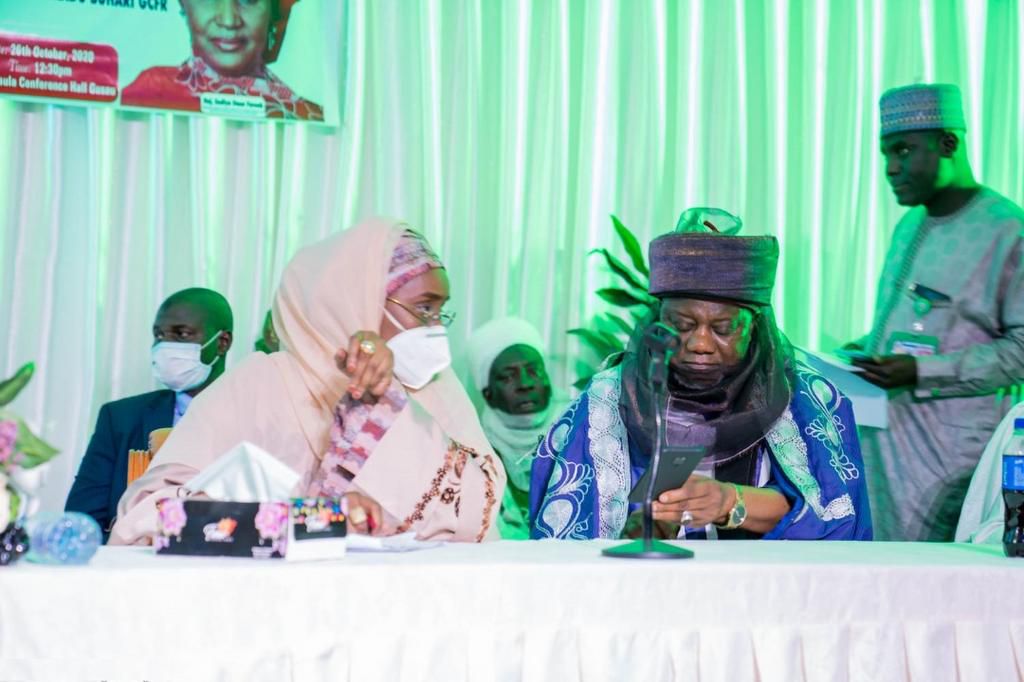 Minister of Humanitarian Affairs, Disaster Management and Social Development, Hajiya Sadiya-Umar Farouq and the Emir of Zamfara Anka, His Royal Highness, Alh. Attahiru Ahmad during the Minister's meeting with the Emirs in the Zamfara State Government H...