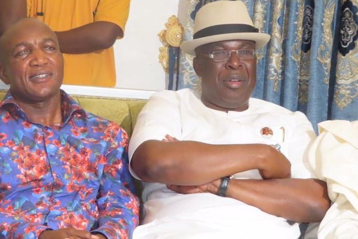 Former Bayelsa state Governor and Minister of state for Petroleum, Chief Timipre Sylva and APC governorship candidate, David Lyon. [Twitter/@TheresaTekenah]