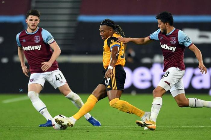 Wolves winger Adama Traore (C) playing against West Ham in London last Sunday.