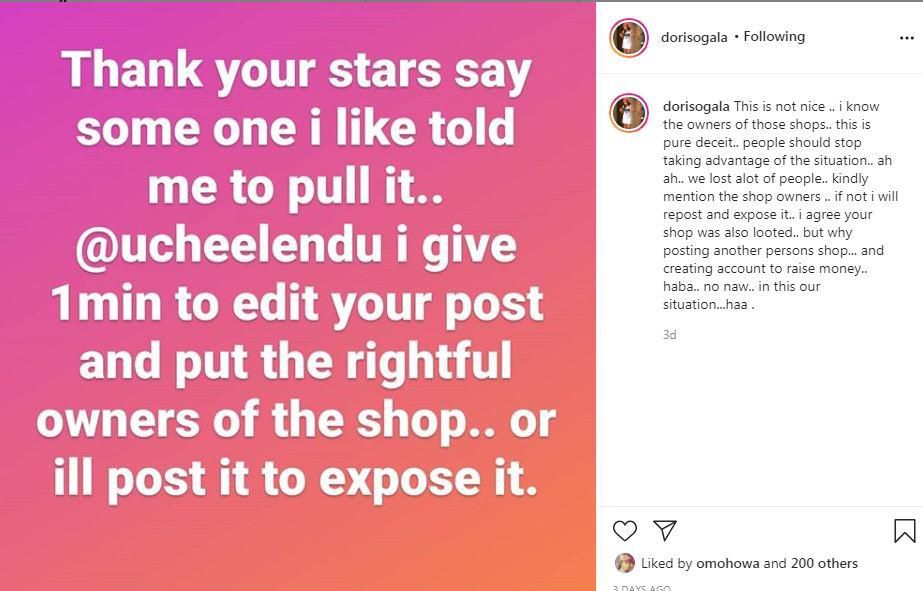 Actress Doris Ogala accuses Uche Elendu of chasing clout over vandalised shop. [Instagram/DorisOgala]