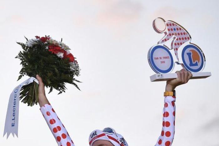 Pogacar with the polka dot jersey he won on Saturday