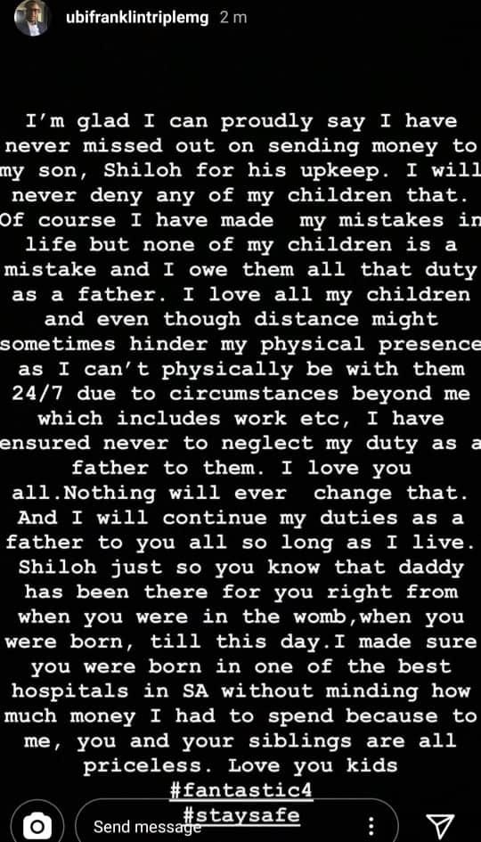 In a response to the allegations levelled against him by Siyo, Franklin took to his Instagram story where he penned down a long letter about the love and affection he has for all his children including Siyo's child, Shiloh. [LindaIkeji]