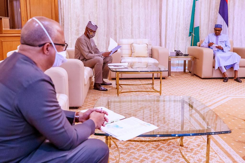 President Muhammadu Buhari receiving briefings from the Presidential Task Force on COVID-19 led by SGF, Mr Boss Mustapha, Minister of Health, Dr Osagie Ehanire, and Director-General, Nigeria Centre for Disease Control (NCDC), Chikwe Ihekweazu. [Twitter...