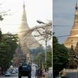 A combination photo  shows a street scene from  normal celebrations for Thingyan a few years ago compared to this year's festival