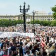 Protesters hold a sign reading "Freedom for Furgal!", referring to the Far Easter region of Khabarovsk's sacked governor Sergei Furgal
