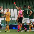 Republic of Ireland winger midfielder James McClean (2L) was sent off against Wales