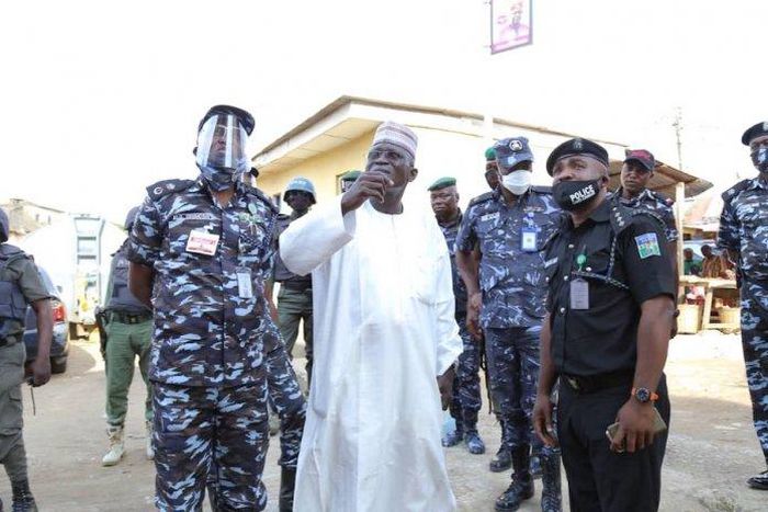 The Chairman, Nigeria Police Trust Fund (NPTF), Suleiman Abba flanked by Lagos Commissioner of Police, Hakeem Odumosu and others. (Thisday)