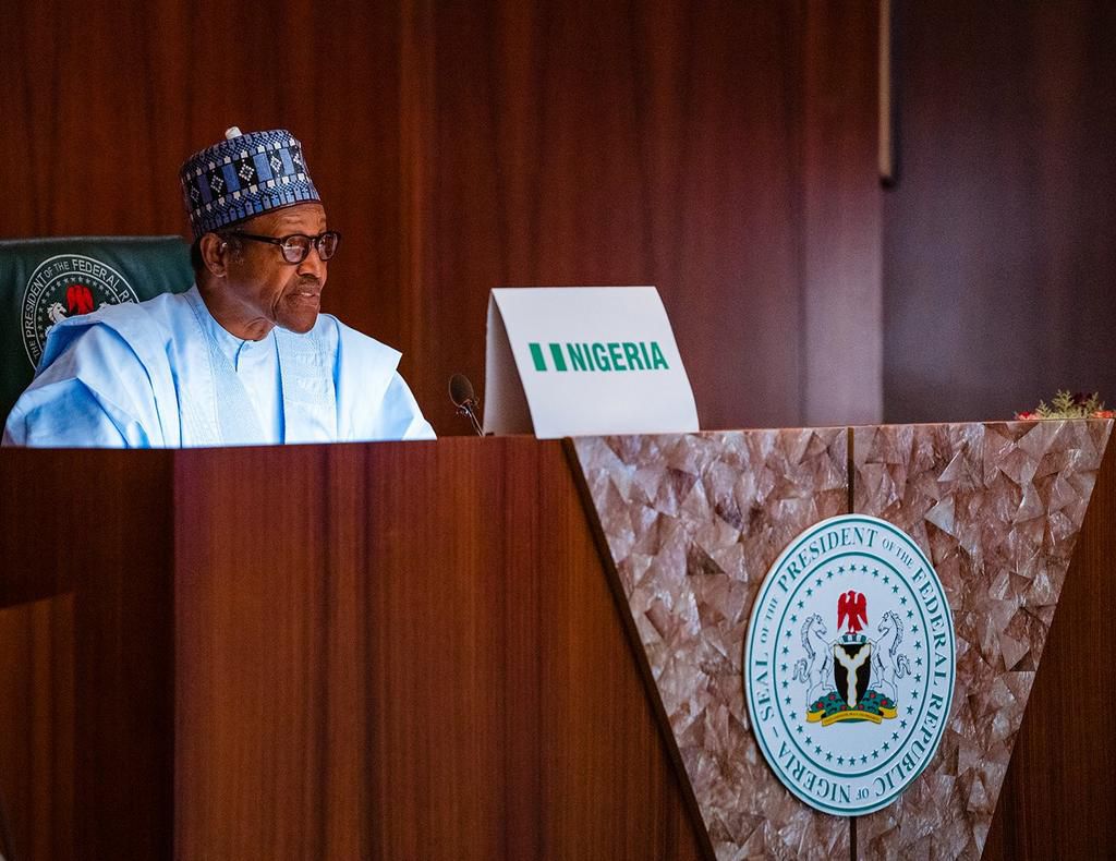 President Muhammadu Buhari during a virtual Summit of Heads of State and Government of the Non-Aligned Movement (NAM), on Monday, May 4, 2020 in Abuja. [Twitter/@BashirAhmaad]