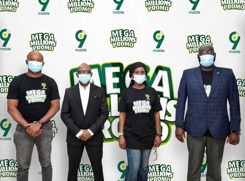 L-R: Godswill Nnaji, Manager Data Services; Phillips Oki, Chief Financial Officer; Chineze Amanfo, Lead, Public Relations and Acting Director, Marketing, Layi Onafowokan all of 9mobile at the launch of the 9mobile National Mega Millions Promo in Lagos ...