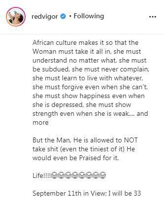 The skincare entrepreneur in a lengthy post shared via her Instagram page on Tuesday, August 11, 2020, said the day her marriage with the movie star crashed was the worst day in her life. [Instagram/RedVigor]